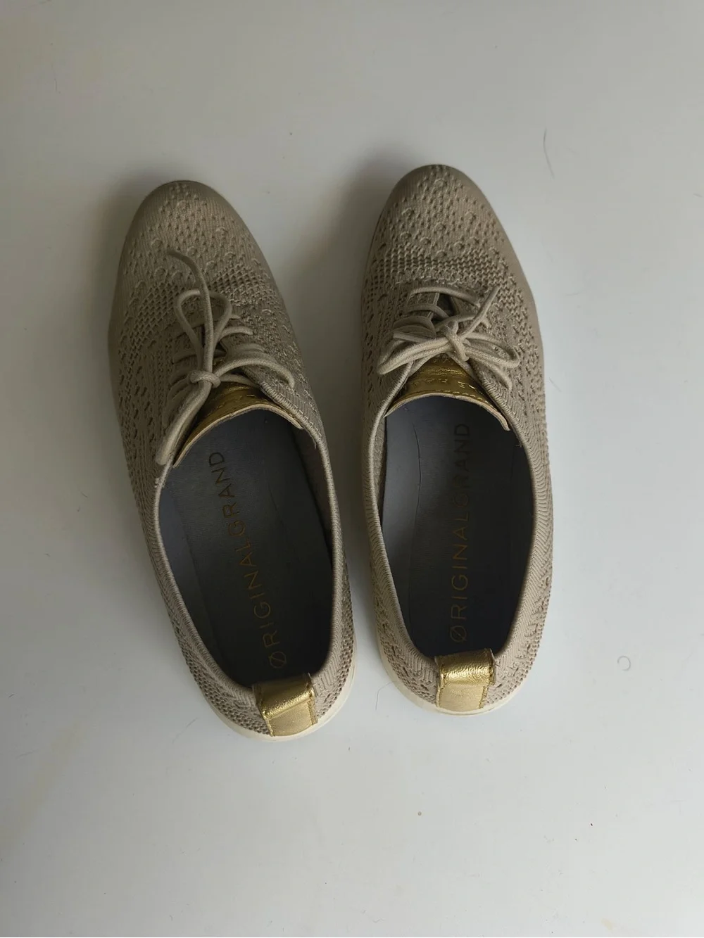 Cole Haan Beige Knit Lace-Up Oxfords with Gold Accent
